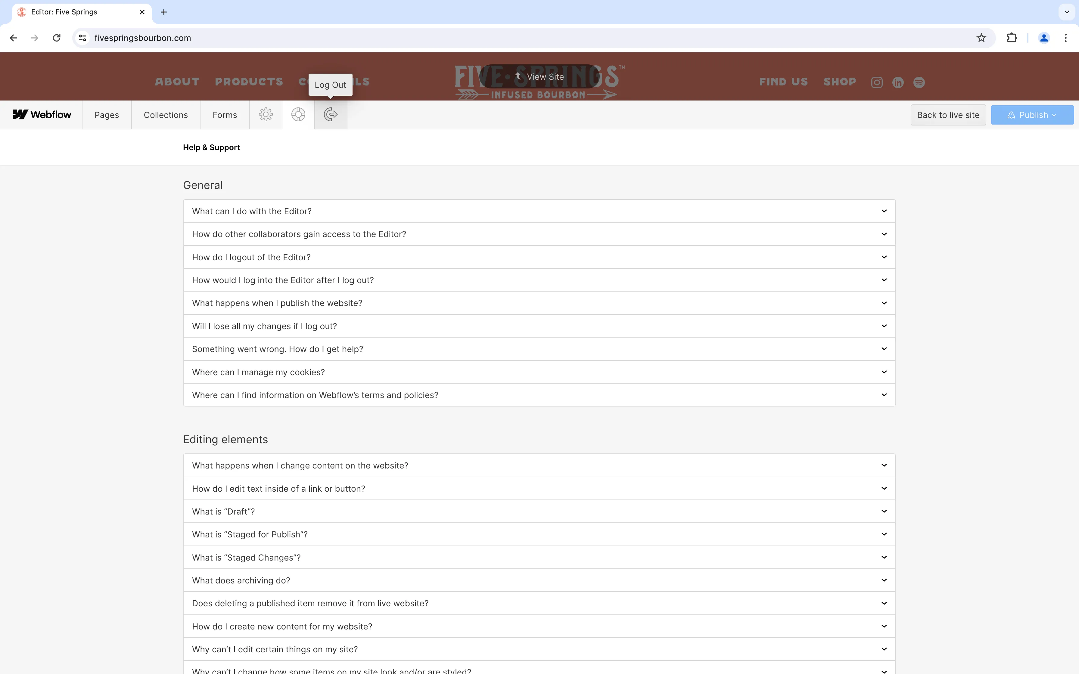 A screenshot of the logout icon in the Webflow Editor dashboard.