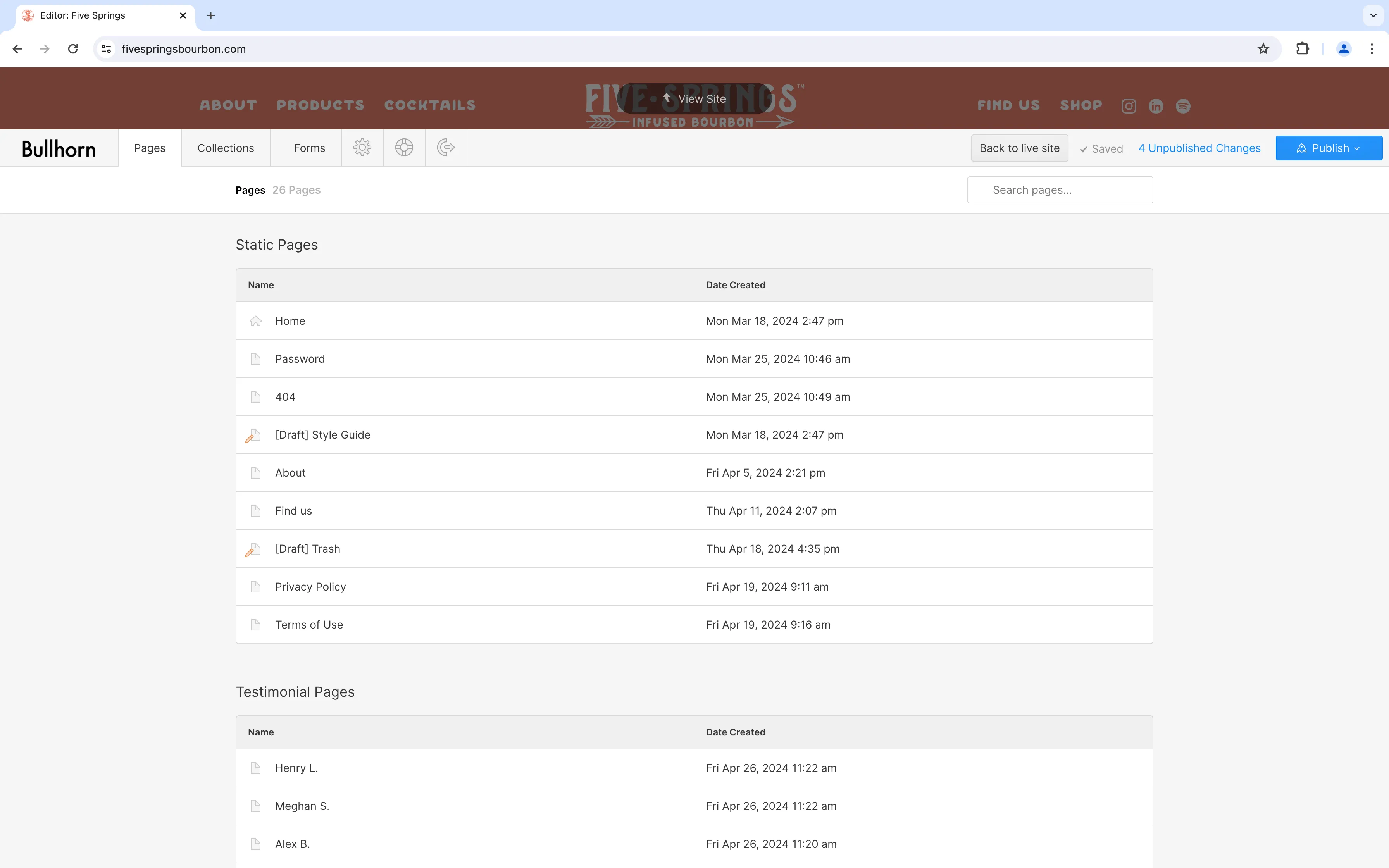 Screenshot of the Editor showing four unpublished changes